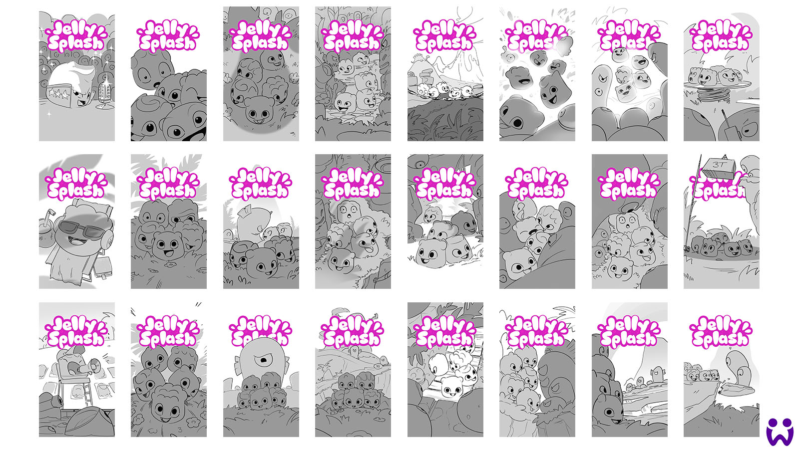 Eine Vielzahl von Skizzen welche den Spielraum von Individualpersönlichkeitsorientierter oder Gruppenabenteuer-fokussierter Erzählung ausloten. Für Wooga's Mobilegame Jelly Splash.