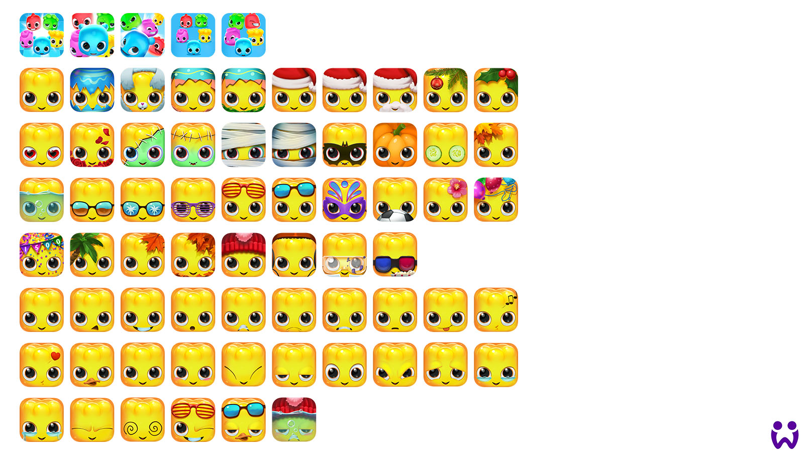 Sammlung von Appstore Icons nach Neugestaltung, und Anpassung alter App Icons. Für Wooga's Mobile Game Jelly Splash.